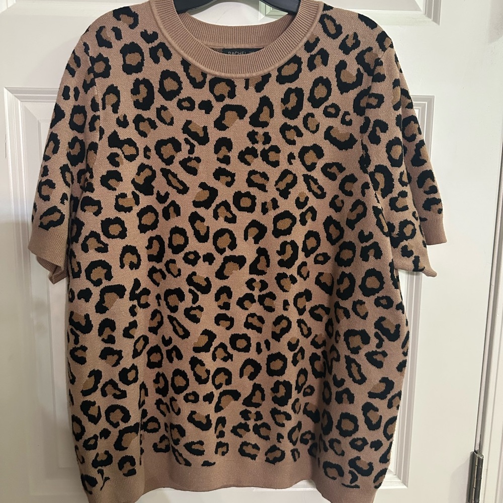 Rachel Zoe Tan and Black Leopard Short-Sleeve Crew Sweater